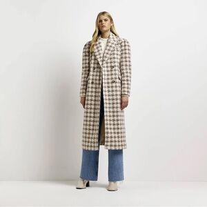 River Island Cream Dogtooth Longline Coat Size 2 NWOT